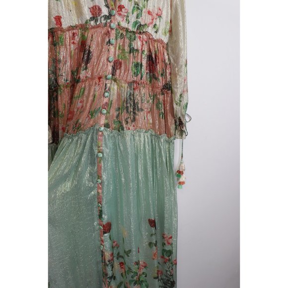 NWT Rococo Sand Ruched Long Dress Maxi Plunging V-Neck Metallic Green Pink XS - Picture 8 of 10